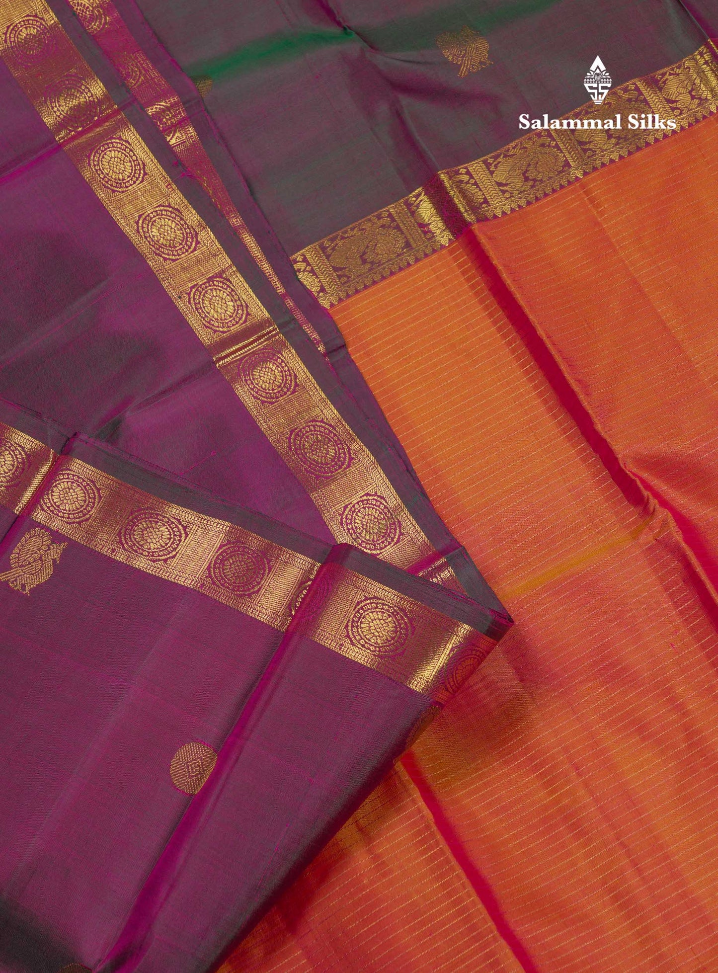Beautiful Orange Zari Lines Pure Kanjivaram Silk Saree With Traditional Ganga Jamuna Long Border With Butta
