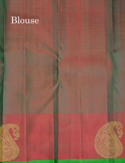 Pure Kanjivaram Silk Saree - Bottle Green Colour Body Zari Butta With Dual Tone Maroon Border