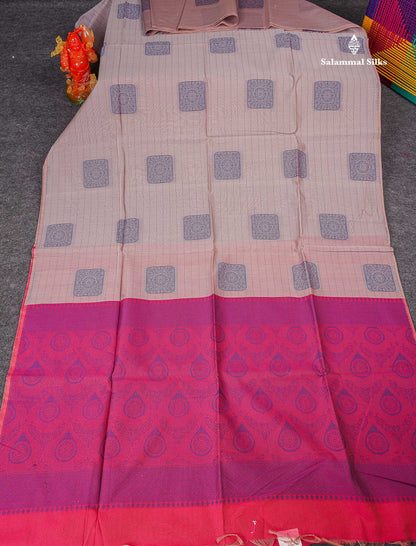 Kora Cotton Saree - Dual Tone Grey Colour Thread Butta And Lines With Contrast Pink Blouse