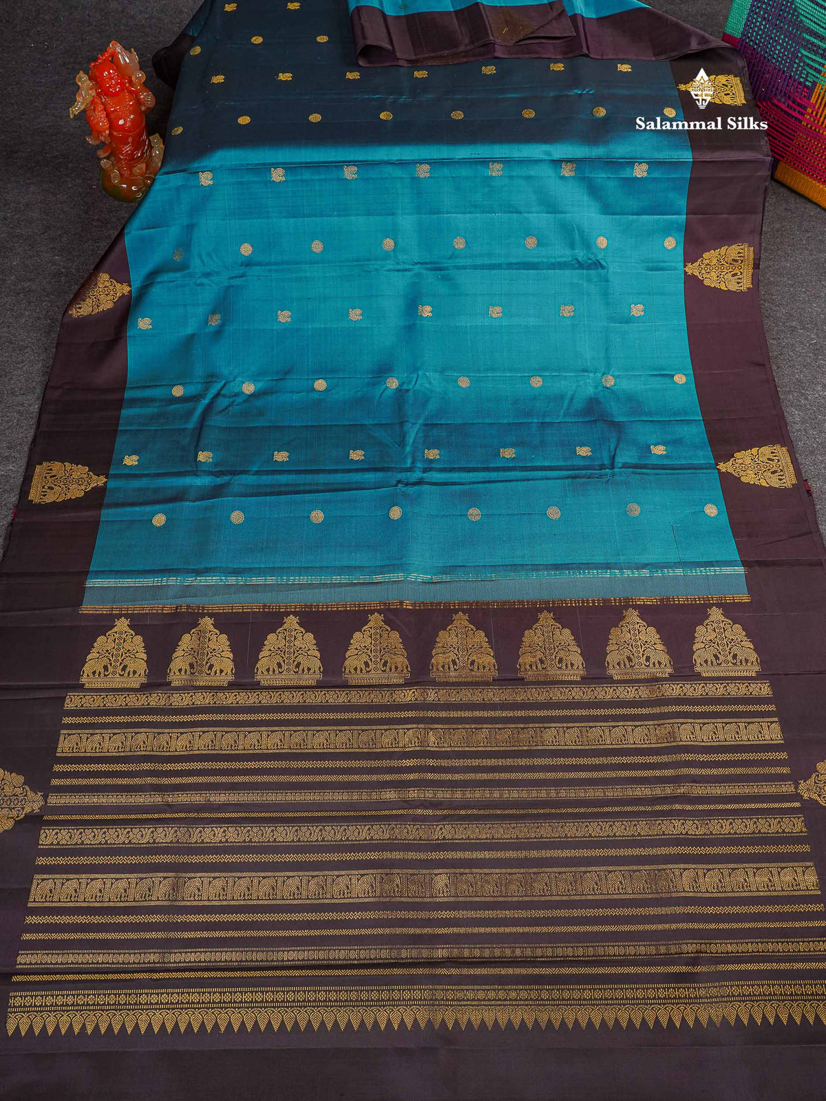 Pure Kanjivaram Silk Saree - Peacock Blue Colour Body Zari Butta With Dark Brown Traditional Border