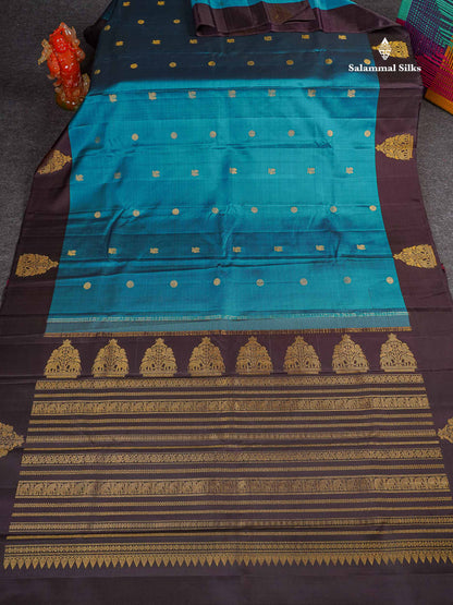 Pure Kanjivaram Silk Saree - Peacock Blue Colour Body Zari Butta With Dark Brown Traditional Border