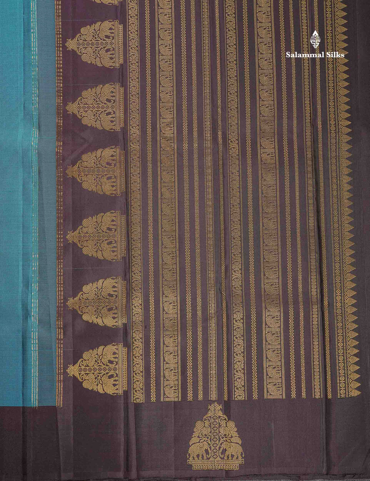 Pure Kanjivaram Silk Saree - Peacock Blue Colour Body Zari Butta With Dark Brown Traditional Border