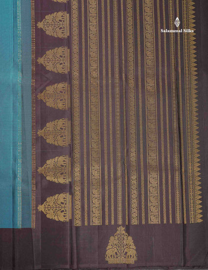 Pure Kanjivaram Silk Saree - Peacock Blue Colour Body Zari Butta With Dark Brown Traditional Border