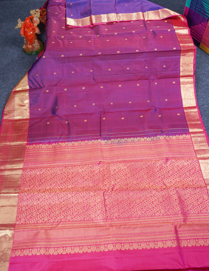 Dual Tone Purple Pure Kanjivaram Silk Saree With Contrast Pink Traditional Border