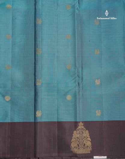 Pure Kanjivaram Silk Saree - Peacock Blue Colour Body Zari Butta With Dark Brown Traditional Border