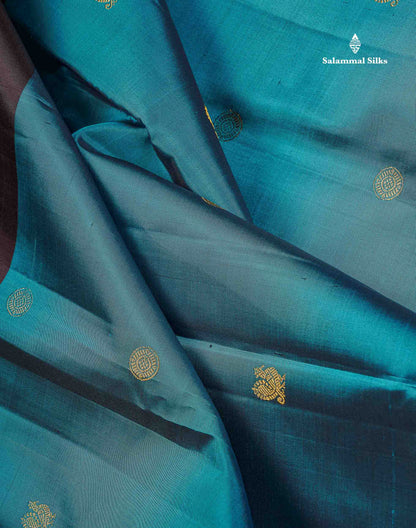 Pure Kanjivaram Silk Saree - Peacock Blue Colour Body Zari Butta With Dark Brown Traditional Border
