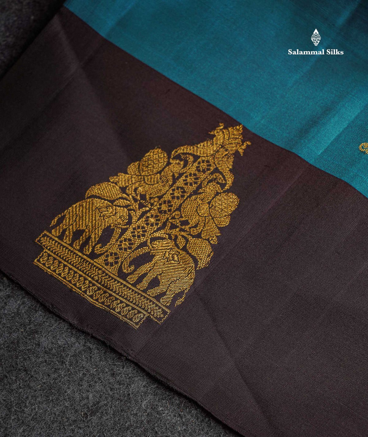 Pure Kanjivaram Silk Saree - Peacock Blue Colour Body Zari Butta With Dark Brown Traditional Border