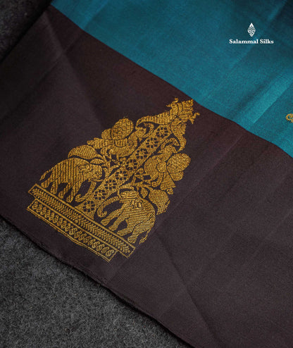 Pure Kanjivaram Silk Saree - Peacock Blue Colour Body Zari Butta With Dark Brown Traditional Border