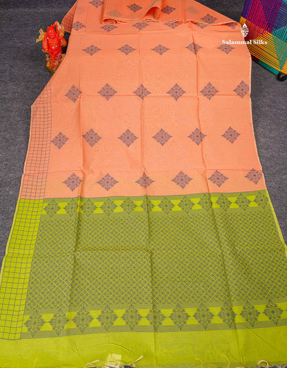 Kora Cotton Saree - Peach Colour Thread Butta With Contrast Parrot Green Blouse