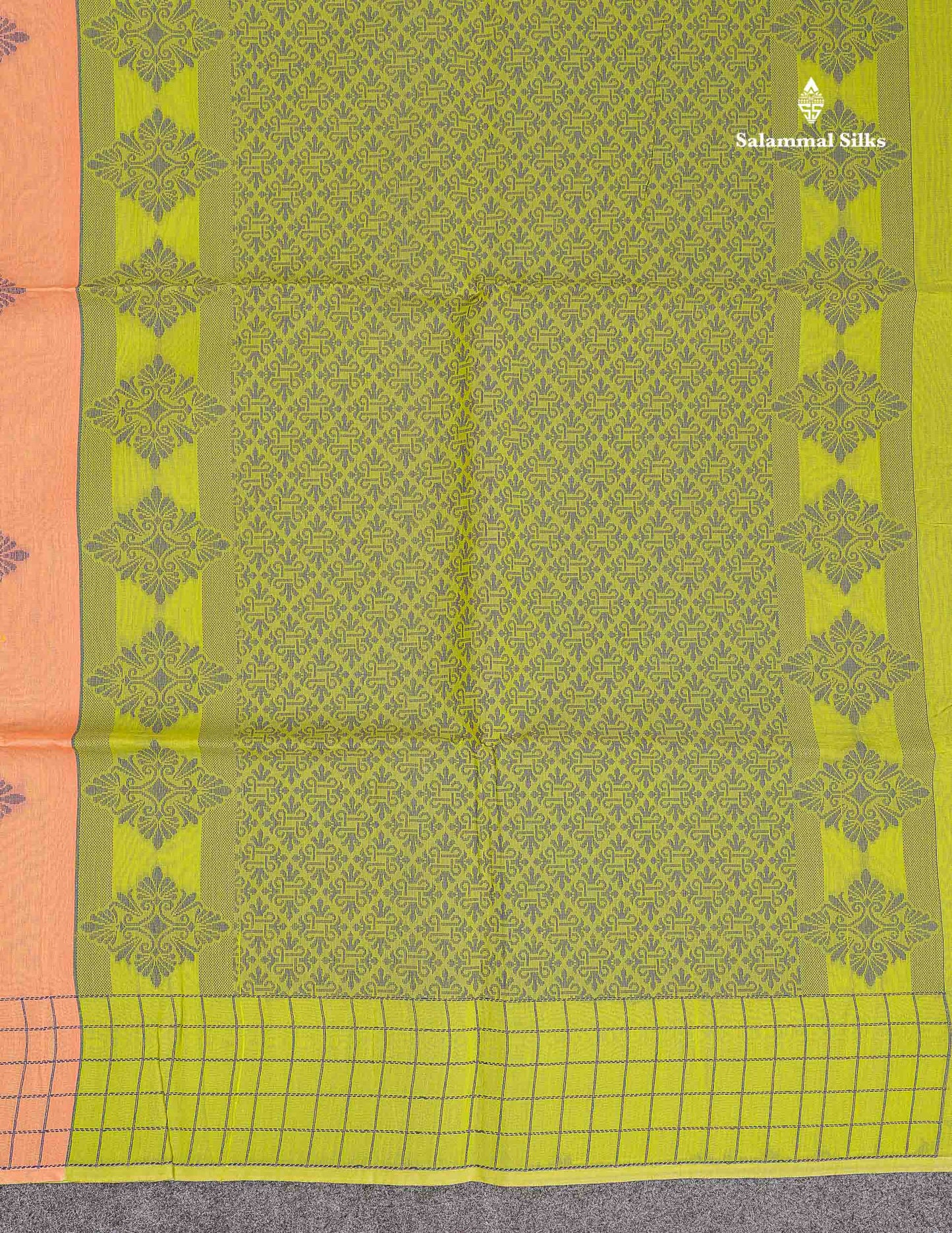 Kora Cotton Saree - Peach Colour Thread Butta With Contrast Parrot Green Blouse