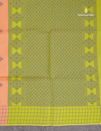 Kora Cotton Saree - Peach Colour Thread Butta With Contrast Parrot Green Blouse