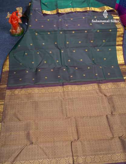 Bottle Green Pure Kanjivaram Silk Saree With Contrast Dark Brown Small Traditional Border