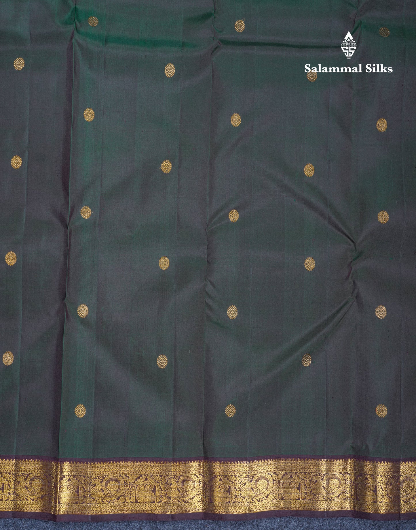 Bottle Green Pure Kanjivaram Silk Saree With Contrast Dark Brown Small Traditional Border