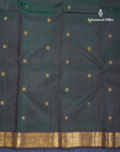 Bottle Green Pure Kanjivaram Silk Saree With Contrast Dark Brown Small Traditional Border