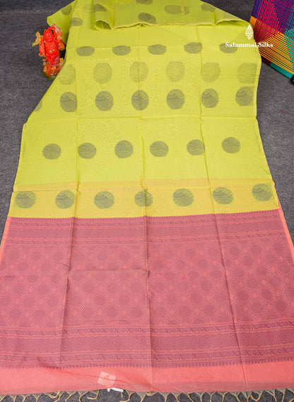 Cora Cotton Saree - Light Parrot Green Colour Body Thread Butta With Contrast Light Pink Blouse