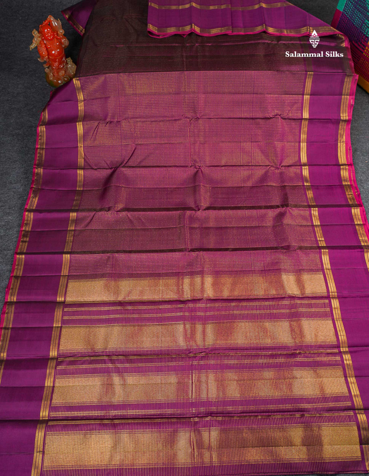 Pure Kanjivaram Silk Saree - Wine Colour Body Small Zari Checks With Gap Border