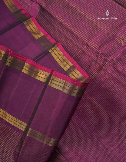 Pure Kanjivaram Silk Saree - Wine Colour Body Small Zari Checks With Gap Border