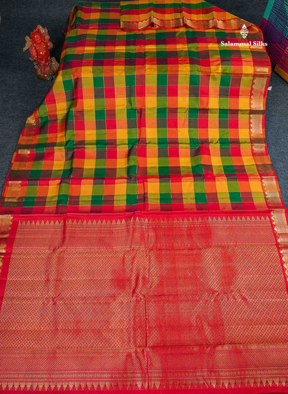 Pure Kanjivaram Silk Saree - Paalum Pazham Checks With Traditional Small Border 