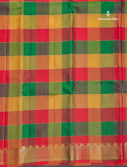 Pure Kanjivaram Silk Saree - Paalum Pazham Checks With Traditional Small Border