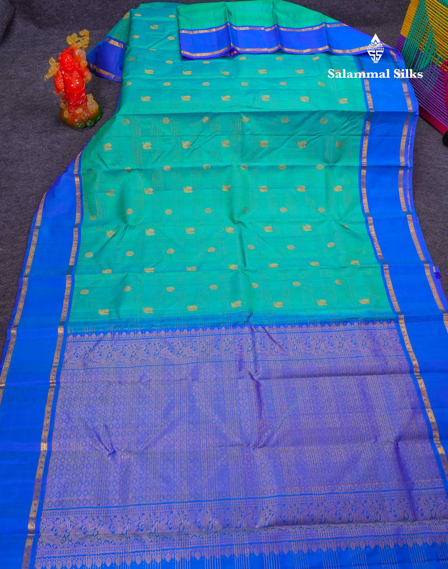 Beautiful Sapphire Blue Checks With Butta Pure Kanjivaram Silk Saree With Contrast Anandha Blue Traditional Gap Border