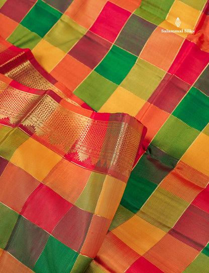 Pure Kanjivaram Silk Saree - Paalum Pazham Checks With Traditional Small Border