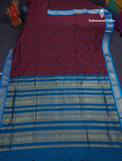 Beautiful Dark Maroon Kalyani Cotton Saree With Contrast Ramar Blue Blouse