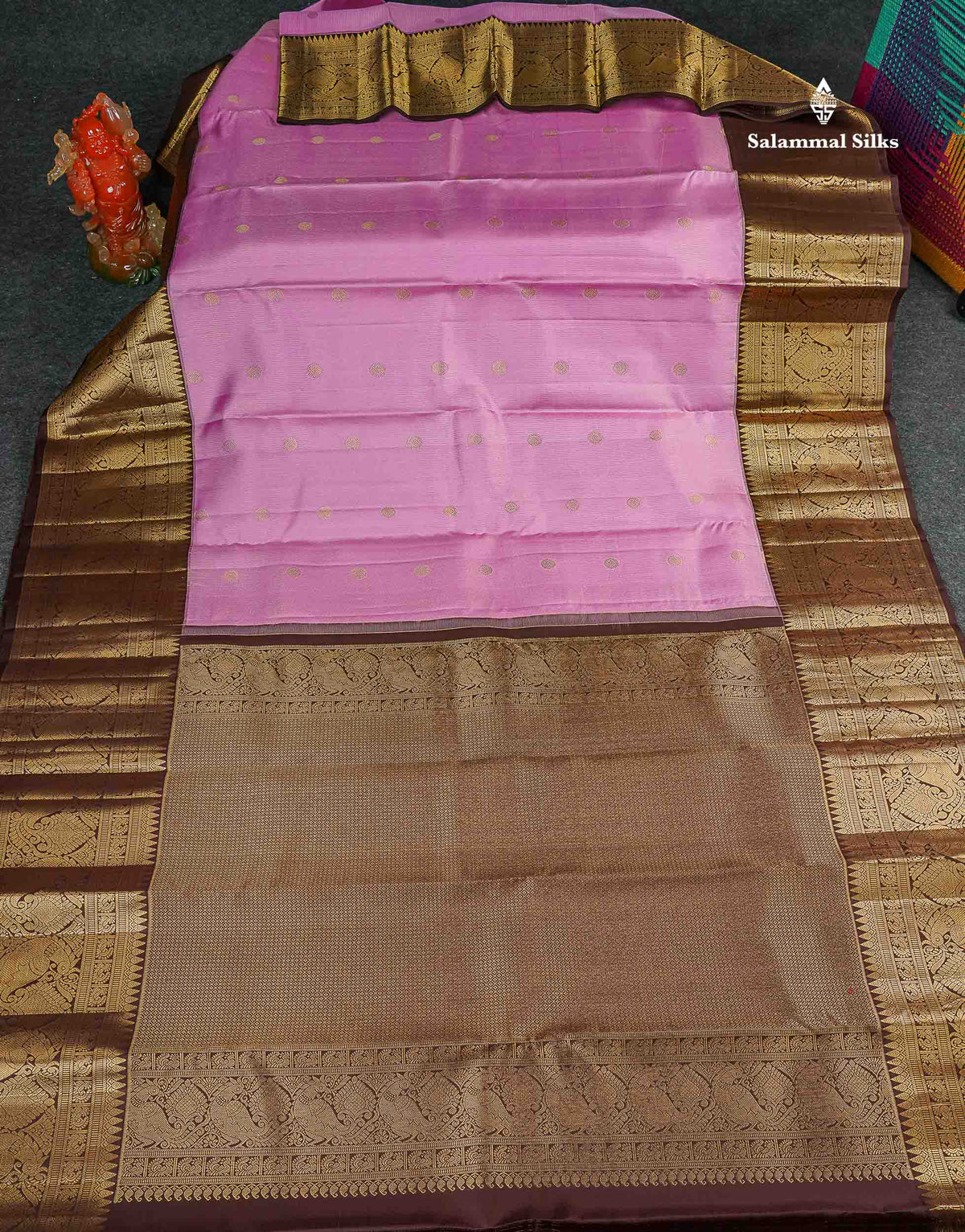 Pure Kanjivaram Silk Saree - Light Pink Colour Body Vertical Zari Line With Butta & Dark Brown Long Border