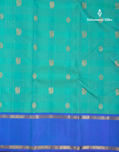 Beautiful Sapphire Blue Checks With Butta Pure Kanjivaram Silk Saree With Contrast Anandha Blue Traditional Gap Border