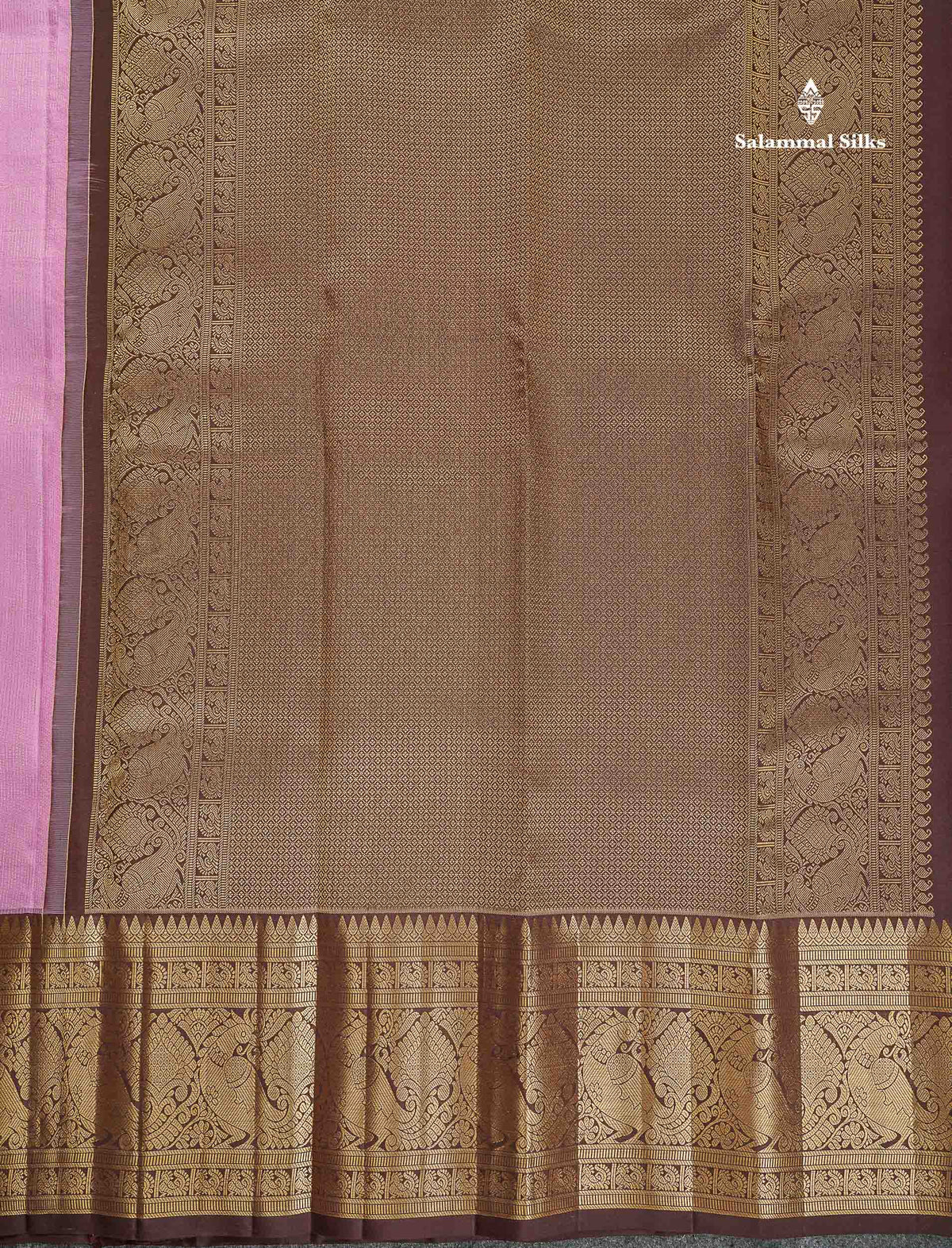 Pure Kanjivaram Silk Saree - Light Pink Colour Body Vertical Zari Line With Butta & Dark Brown Long Border