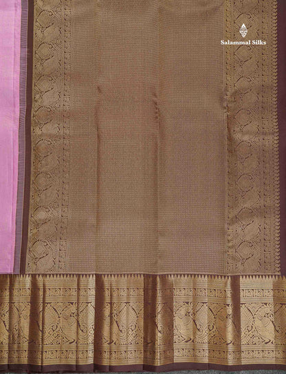 Pure Kanjivaram Silk Saree - Light Pink Colour Body Vertical Zari Line With Butta & Dark Brown Long Border