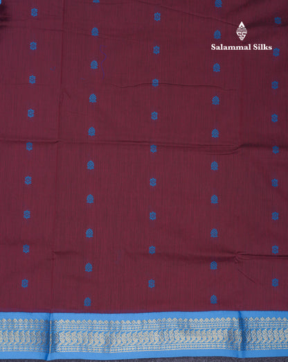Beautiful Dark Maroon Kalyani Cotton Saree With Contrast Ramar Blue Blouse