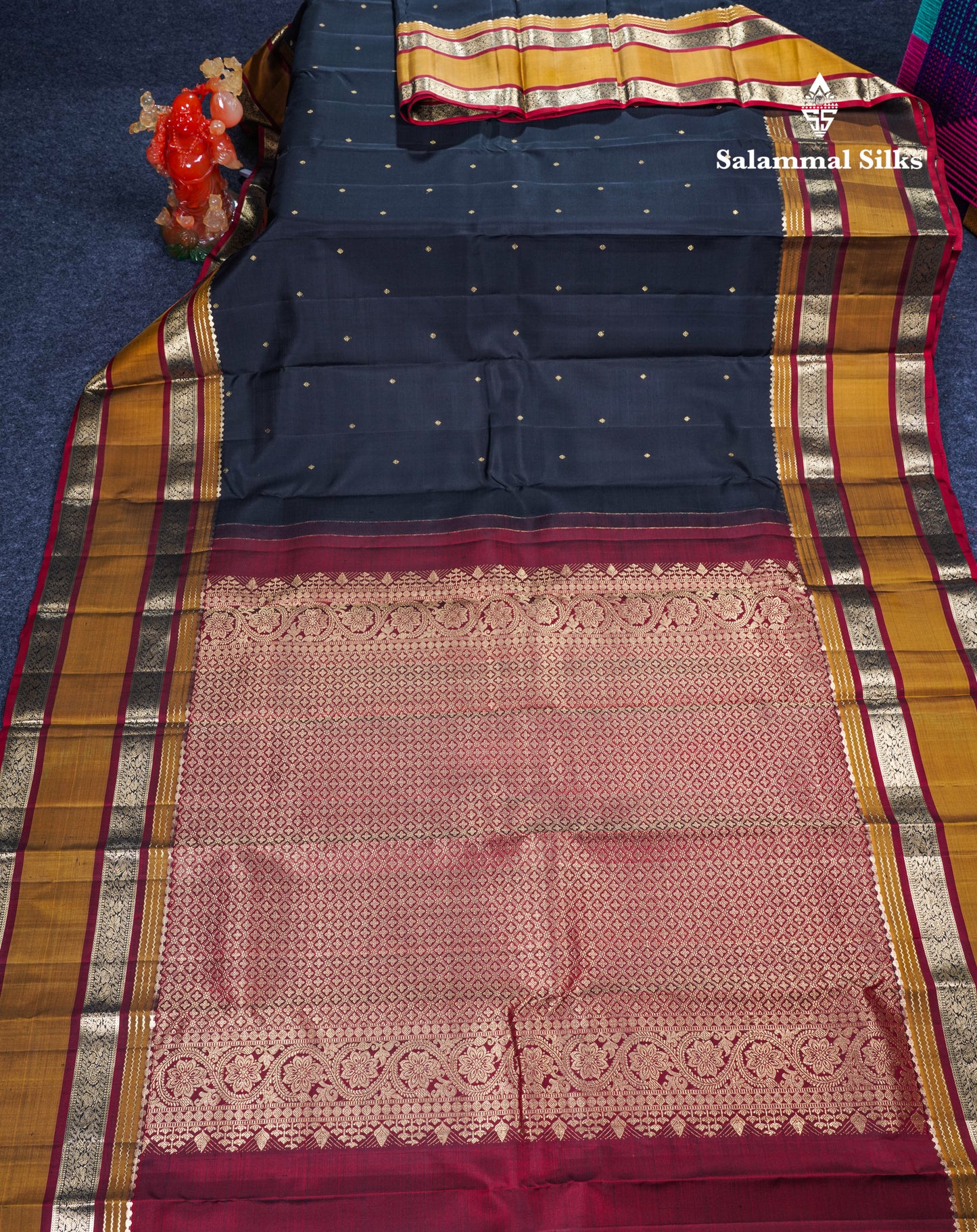 Black Pure Kanjivaram Silk Saree With Contrast Olive Mustard Yellow Rettapet Border