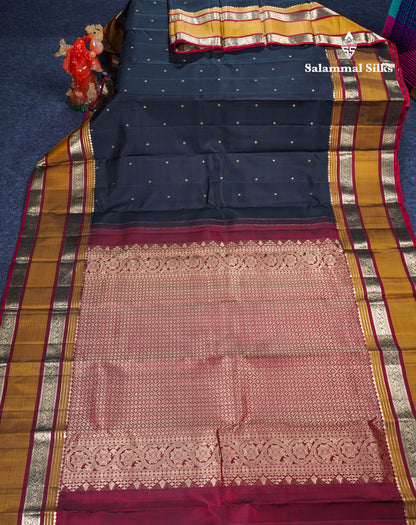 Black Pure Kanjivaram Silk Saree With Contrast Olive Mustard Yellow Rettapet Border