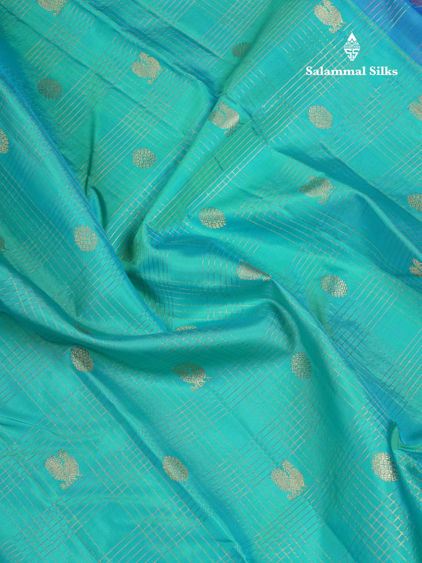 Beautiful Sapphire Blue Checks With Butta Pure Kanjivaram Silk Saree With Contrast Anandha Blue Traditional Gap Border