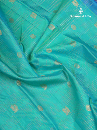 Beautiful Sapphire Blue Checks With Butta Pure Kanjivaram Silk Saree With Contrast Anandha Blue Traditional Gap Border