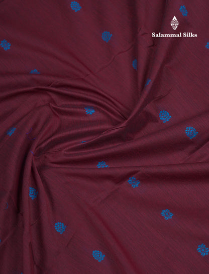 Beautiful Dark Maroon Kalyani Cotton Saree With Contrast Ramar Blue Blouse