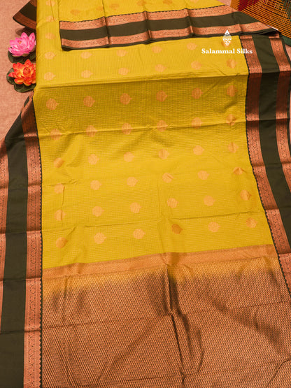 Manthulir Yellow Colour Small Checks Semi Silk Saree With Contrast Bottle Green Double Border
