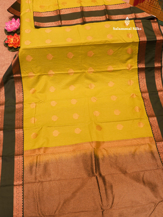Manthulir Yellow Colour Small Checks Semi Silk Saree With Contrast Bottle Green Double Border