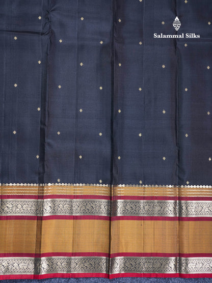 Black Pure Kanjivaram Silk Saree With Contrast Olive Mustard Yellow Rettapet Border