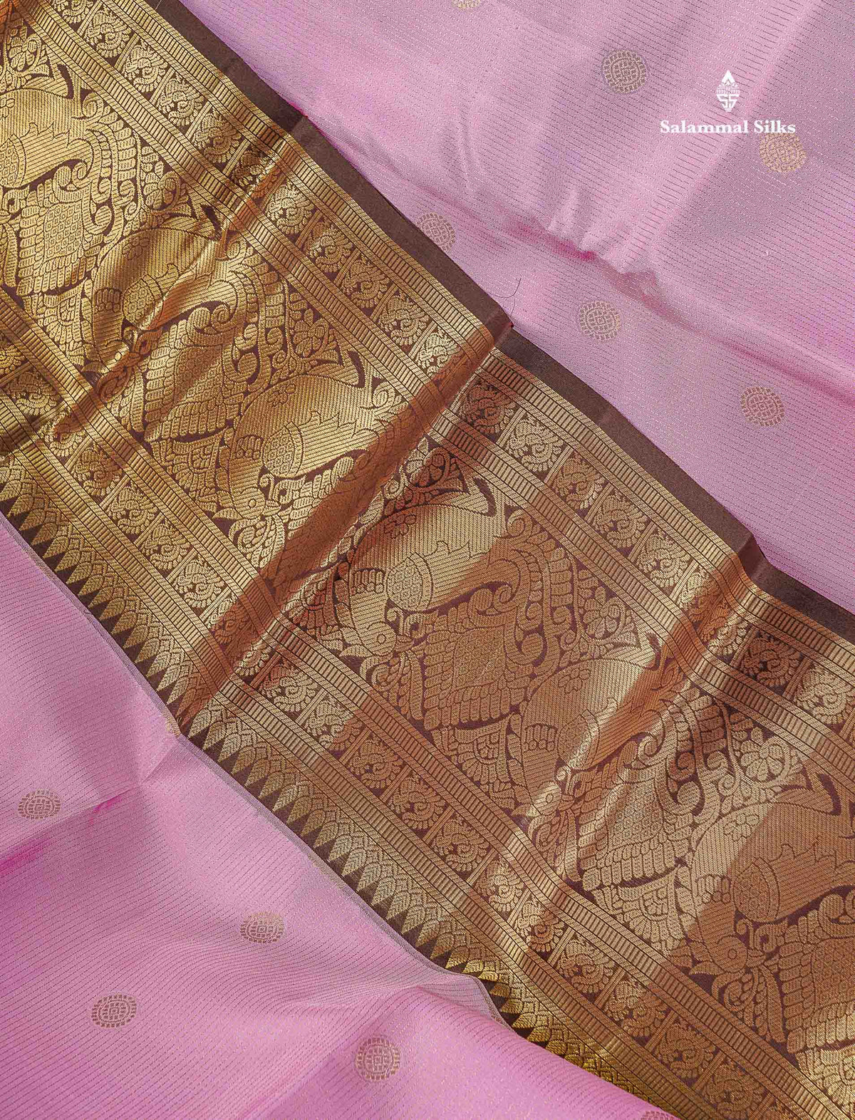 Pure Kanjivaram Silk Saree - Light Pink Colour Body Vertical Zari Line With Butta & Dark Brown Long Border