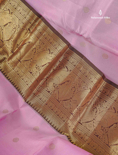 Pure Kanjivaram Silk Saree - Light Pink Colour Body Vertical Zari Line With Butta & Dark Brown Long Border