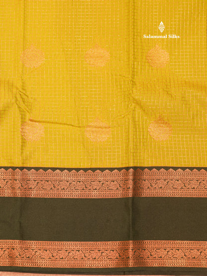 Manthulir Yellow Colour Small Checks Semi Silk Saree With Contrast Bottle Green Double Border