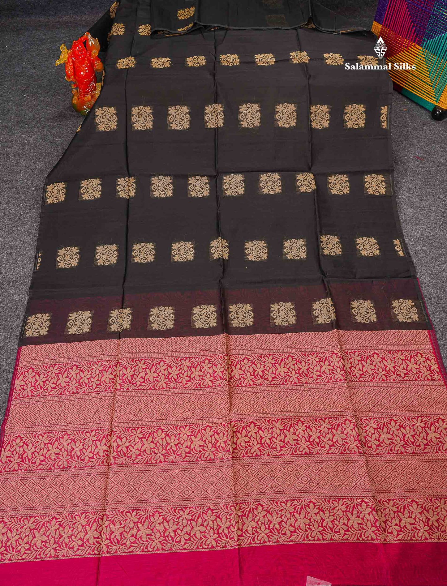 Kora Cotton Saree - Black Colour Thread Butta With Contrast Rani Pink Blouse