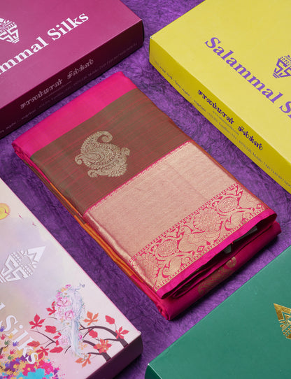 Beautiful Paalum Pazham Lines With Butta Pure Kanjivaram Silk Saree With Contrast Pink Traditional Evening Morning Border