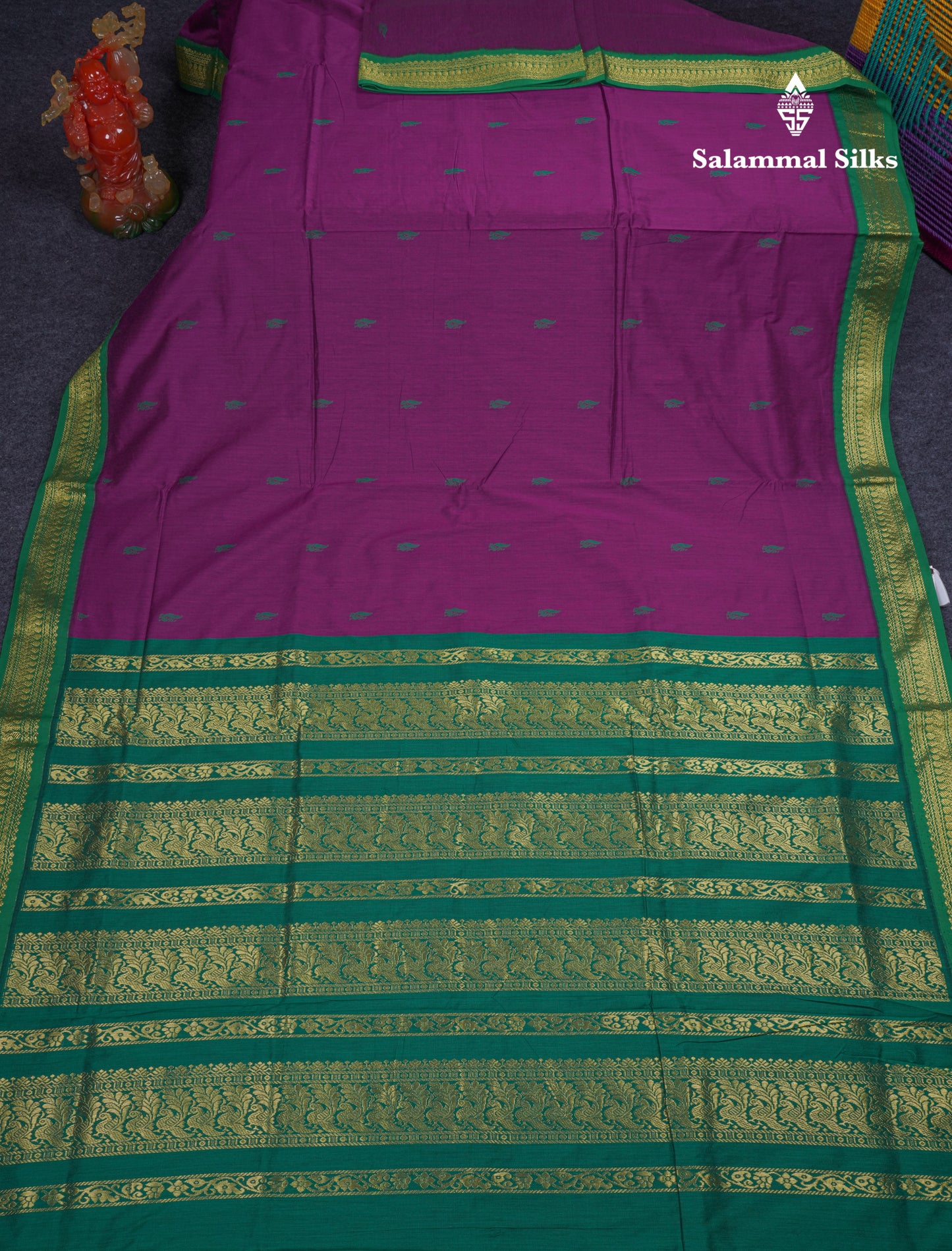 Beautiful Magenta Kalyani Cotton Saree With Contrast Saffire Green Blouse