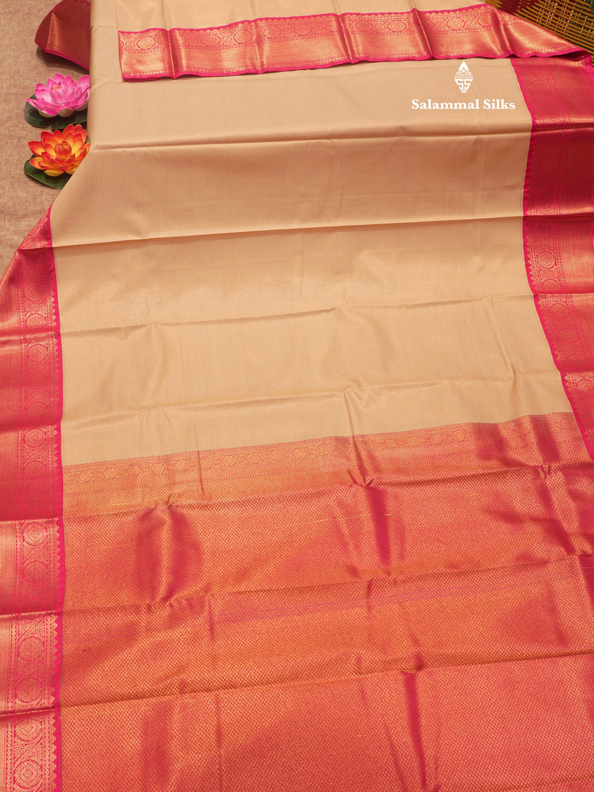 Sandal Colour Vaira Oosi Semi Silk Saree With Contrast Pink Border