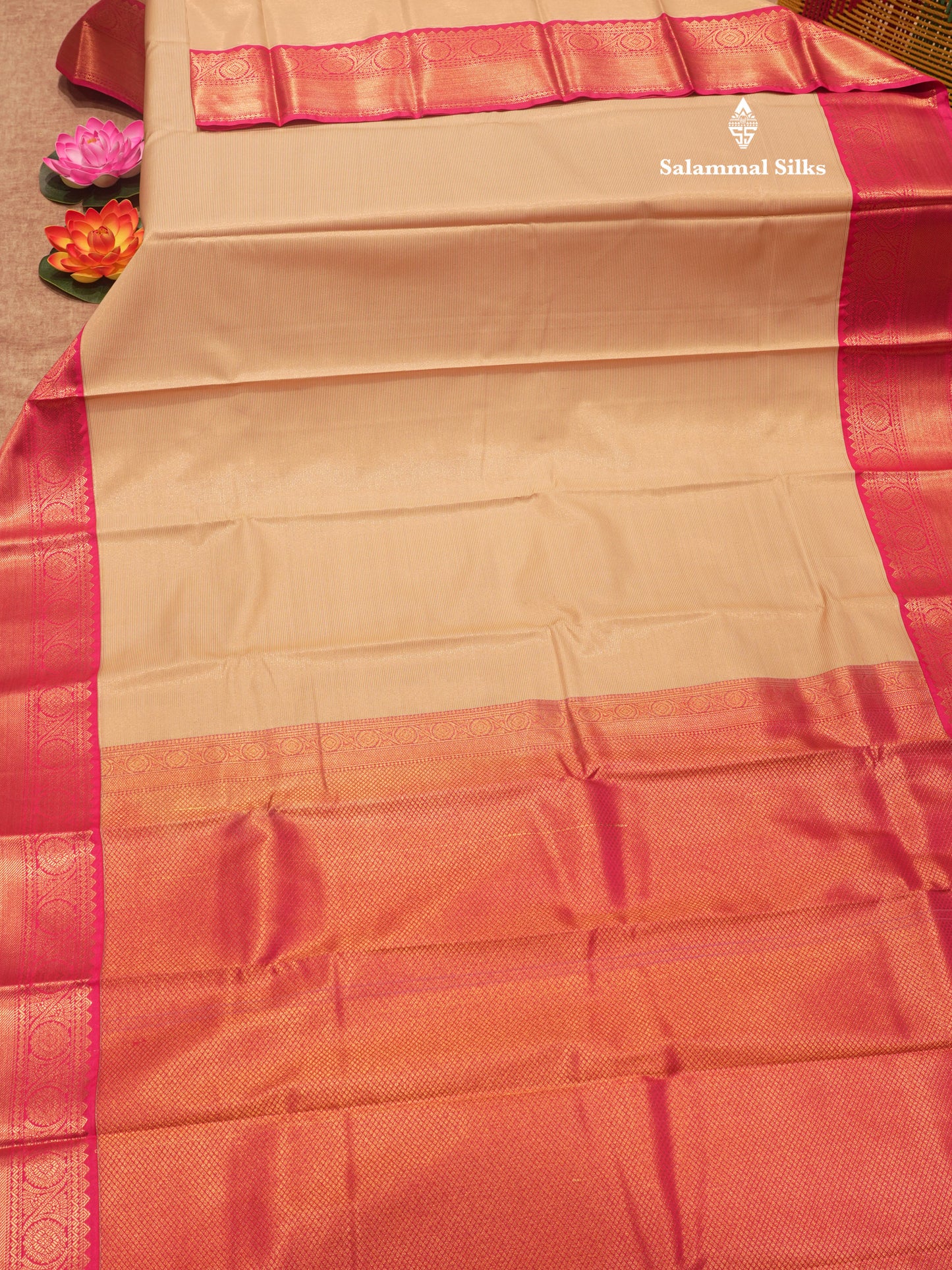 Sandal Colour Vaira Oosi Semi Silk Saree With Contrast Pink Border