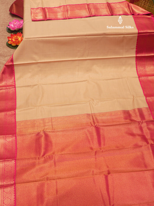 Sandal Colour Vaira Oosi Semi Silk Saree With Contrast Pink Border