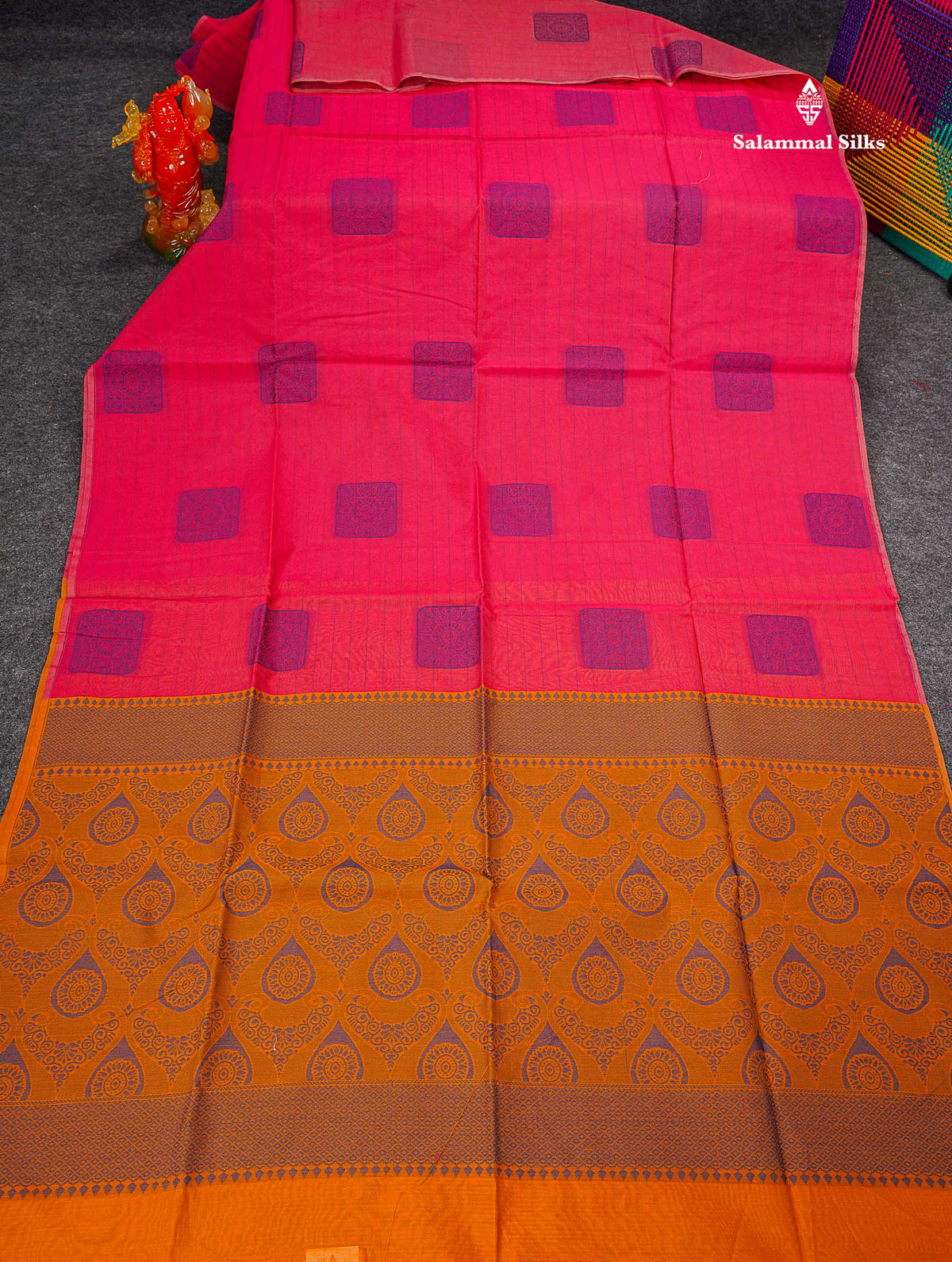 Beautiful Light Peach Fancy Kora Cotton Saree With Contrast Parrot Green Blouse