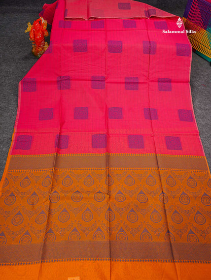 Beautiful Light Peach Fancy Kora Cotton Saree With Contrast Parrot Green Blouse